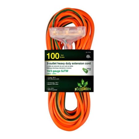 Gogreen SJTW Extension Cord, 14 AWG, Outdoor, 14/3, 3 Outlets, Orange, 100 ft GG-15100